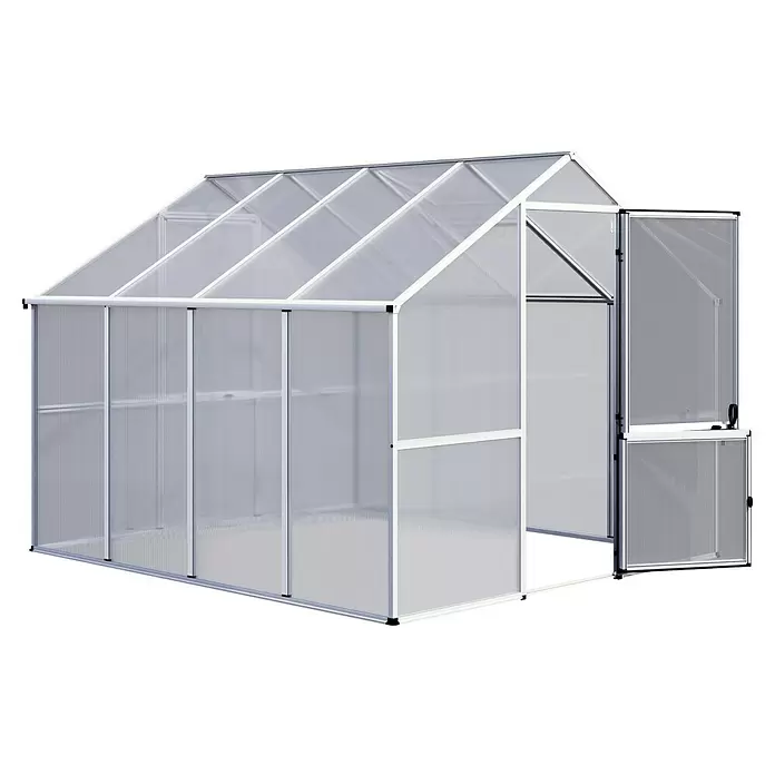KGT Gewächshaus Enzian IV - Außenmaß inkl. Dachüberstand (B x T): 267 x 300 cm, 6 mm, Silber - Weißgerahmtes Gewächshaus mit transparenten Stegplatten und offener Tür.