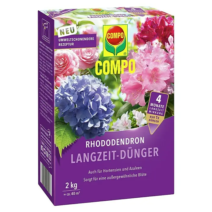Compo Langzeitdünger Rhododendron - 2 kg - COMPO Rhododendron Langzeit-Dünger für üppige Blüten. 2 kg Packung für Hortensien und Azaleen, mit 4 Monate Langzeitwirkung und umweltschonender Rezeptur.