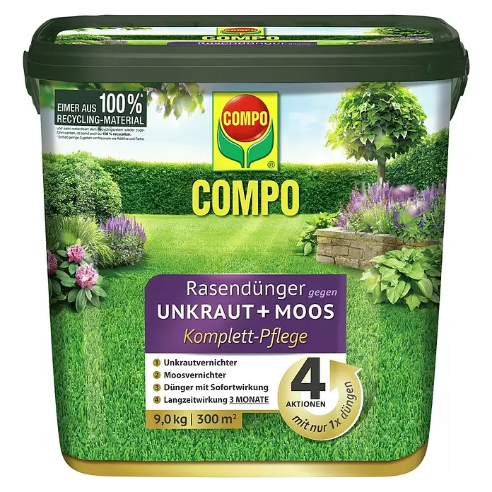 Compo Rasendünger Unkraut + Moos Komplettpflege - Max. Anwendungsfläche: 300 m² - Dunkelgrüner COMPO Rasendünger-Eimer gegen Unkraut und Moos, mit 100% Recyclingmaterial-Hinweis.