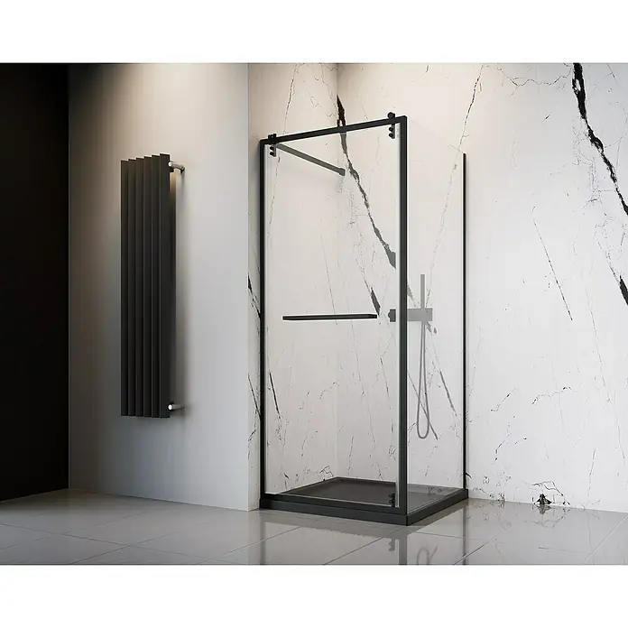 Camargue Palermo Eckdusche - L x B x H: 90 x 90 x 200 cm, Laufrollen tragen in der Höhe bis zu 40 mm auf, Unbeschichtet, Schwarz, Glasstärke: 6 mm - Elegante, ebenerdige Duschkabine mit schwarzem Rahmen und passendem Heizkörper, ideal für moderne Badezimmerdesigns mit Marmorwand.