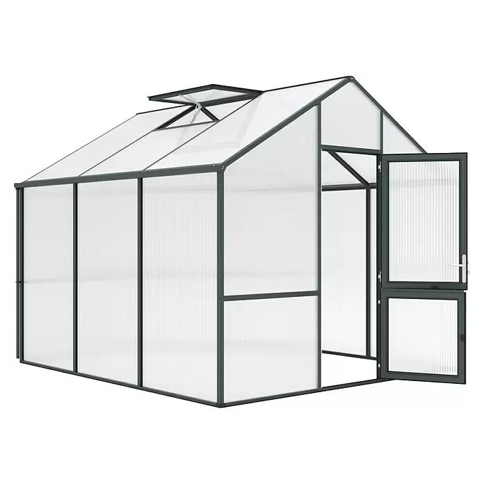 KGT Gewächshaus Dahlie III - Außenmaß inkl. Dachüberstand (B x T): 297 x 323 cm, Material Seitenwand: Kunststoff, 16 mm, Tannengrün - Geräumiges Polycarbonat-Gewächshaus mit dunkelgrauem Rahmen, Dachlüftern und offener Eingangstür.