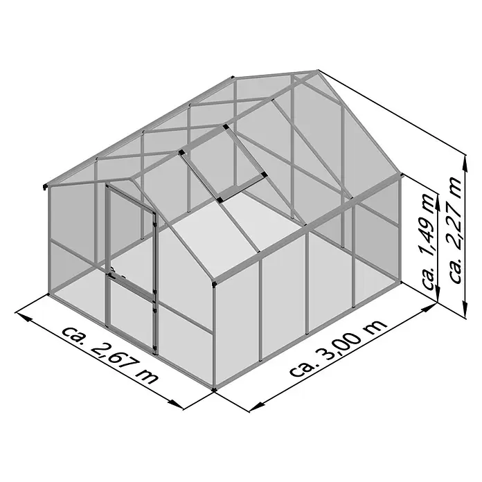 KGT Gewächshaus Enzian IV - Außenmaß inkl. Dachüberstand (B x T): 267 x 300 cm, 6 mm, Silber - Aluminium-Gewächshaus mit transparenten Paneelen, ca. 3,00m L x 2,67m B, und 1,49m Trauf-/2,27m Firsthöhe.