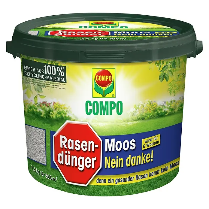 Compo Rasendünger Moos nein Danke! - 7,5 kg, Max. Anwendungsfläche: 200 m² - COMPO Rasendünger Moos Nein Danke! im Eimer aus 100% Recycling-Material, wirkt 6 Wochen lang. Für gesunden Rasen ohne Moos, 7,5 kg für 300 m².