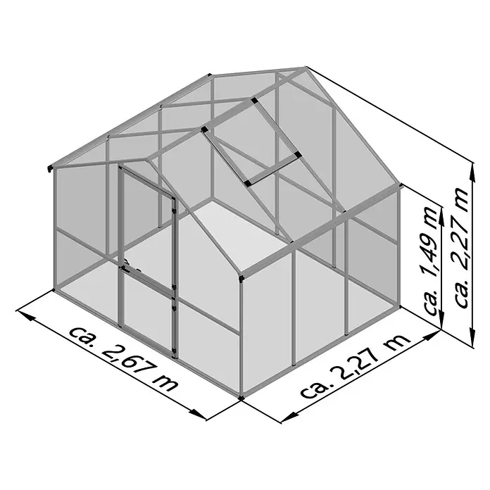 KGT Gewächshaus Enzian III - Außenmaß inkl. Dachüberstand (B x T): 267 x 227 cm, 6 mm, Silber - Gewächshaus mit grauem Metallrahmen, transparenten Platten, Scharniertür und Dachlüftungen. Ungefähre Maße sind angegeben.