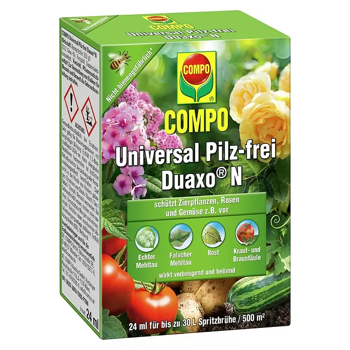 Compo Pilzfrei Duaxo® N Universal - 24 ml - Grünes COMPO Duaxo N Fungizid zum universellen Pflanzenschutz. Schützt Zierpflanzen, Rosen und Gemüse vor Mehltau, Rost und Fäule.