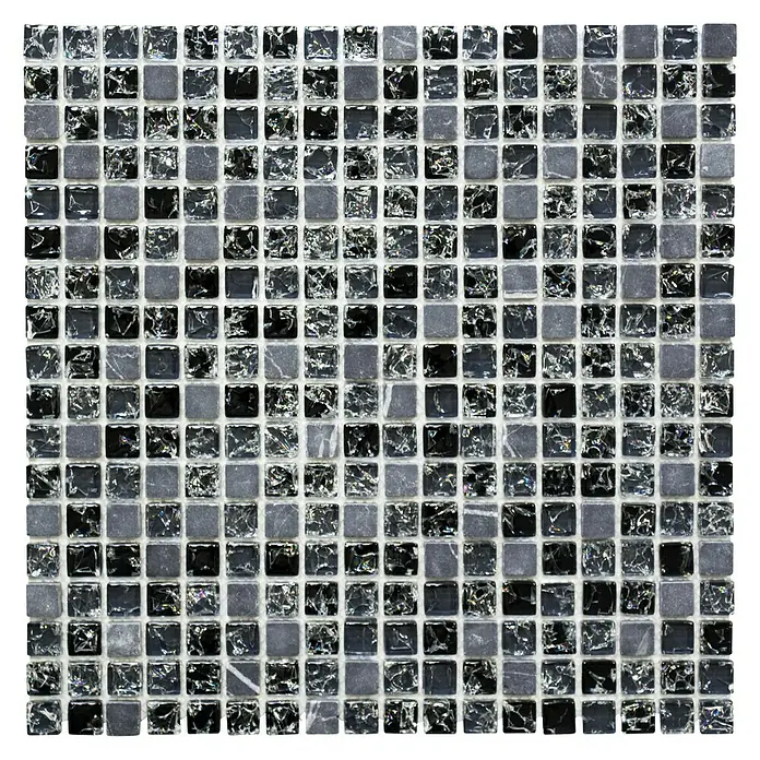 Mosaikfliese Quadrat Crystal Mix XIC 1028 - 30,5 x 30,5 cm, Schwarz, Glänzend - Quadratische Glasmosaikfliese in Schwarz- und Grautönen mit einer einzigartigen Textur, ideal für moderne Innenräume.