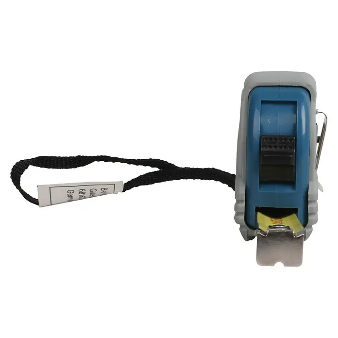 Alpha Tools Kapselmaßband3 m - Ein blau-graues Rollbandmaß mit schwarzer Handschlaufe und Metallclip, ideal für präzise Messungen.