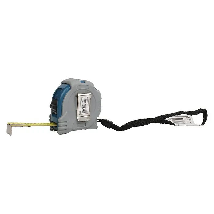 Alpha Tools Kapselmaßband3 m - Ein blau-graues Rollbandmaß mit einem gelben Band, einem schwarzen Riemen und einem silbernen Clip. Präzises Messen für Handwerker und Heimwerker.