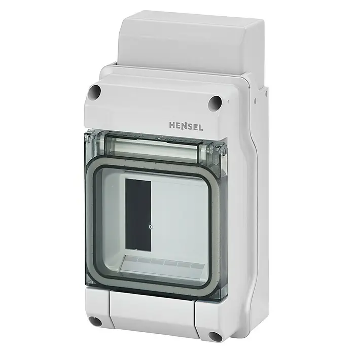 Hensel  Aufputz-Verteiler KV9103 - Anzahl Reihen: 1 Stk., 10,2 x 19,7 cm, Grau - Abbildung eines Hensel-Kleinverteilers, ideal für den Innenbereich und geschützte Außenbereiche. Robuste Bauweise mit transparenter Tür.