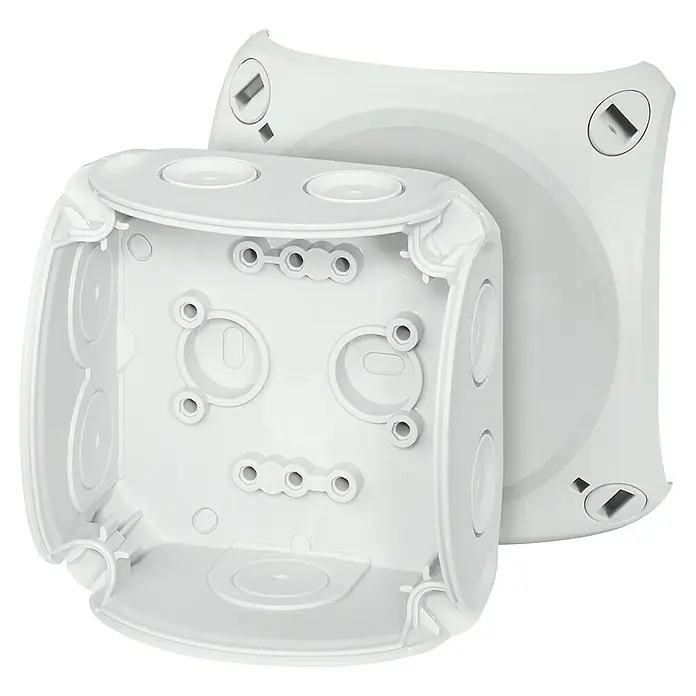Hensel  Abzweigkasten Kabel DK0200G - 93 x 93 x 62 mm - Nahaufnahme einer weißen, quadratischen Verteilerdose mit Deckel, die typischerweise für elektrische Installationen verwendet wird.