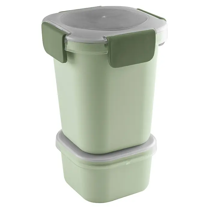 Sunware Sigma home Lunchbox Food to go - L x B x H: 11,5 x 11,5 x 18,5 cm - Zwei mintgrüne Lebensmittelbehälter, der obere mit transparentem Deckel und grünen Verschlüssen, gestapelt.