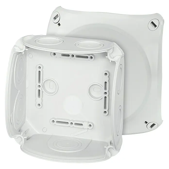 Hensel  Abzweigkasten Kabel DK0600G - 130 x 130 x 77 mm - Eine weiße Anschlussdose mit Deckel, ideal für Elektroinstallationen, die eine sichere und saubere Verbindung gewährleistet.