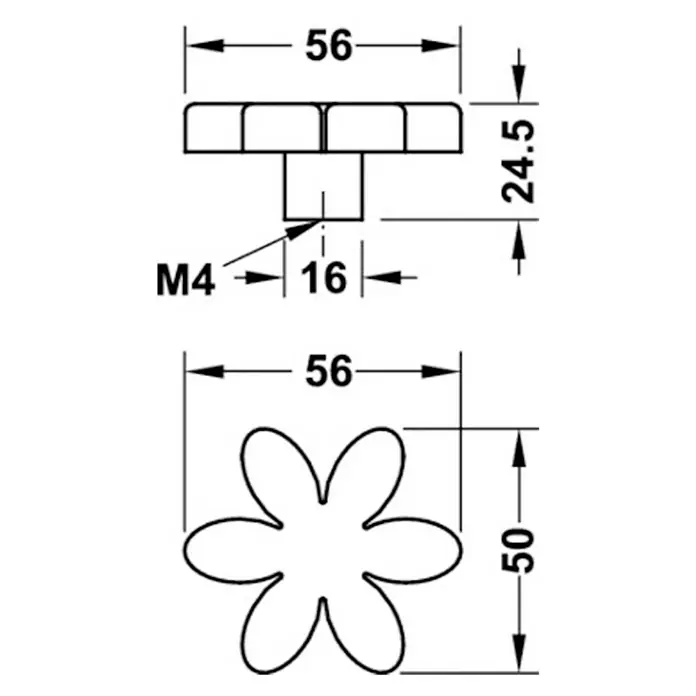 Häfele Pomo infantil para mueble - Tipo de tirador del mueble: Botón, Plástico, Pink, Características del diseño: Flor - Dibujo técnico de un tirador de mueble de flor con dimensiones, que detalla las medidas del producto.