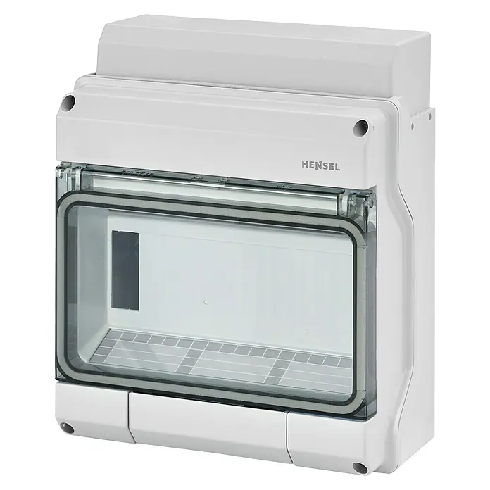 Hensel  Aufputz-Verteiler KV9109 - Anzahl Reihen: 1 Stk., 20 x 23,8 cm, Grau - Nahaufnahme eines Hensel Verteilerkastens, ideal für elektrische Installationen im Innen- und Außenbereich.