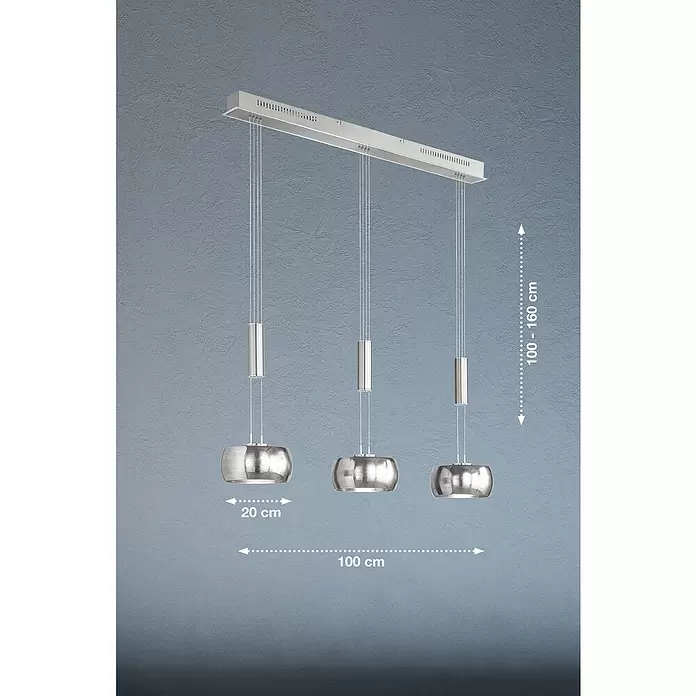 Fischer & Honsel LED-Pendelleuchte Colette - 3 Stk., 27 W, Nickel, Sandschwarz, Warmweiß - 3-flammige Pendelleuchte mit 100cm langem Balken aus gebürstetem Aluminium & drei silbernen Metallschirmen (20cm Ø), höhenverstellbar 100-160cm.