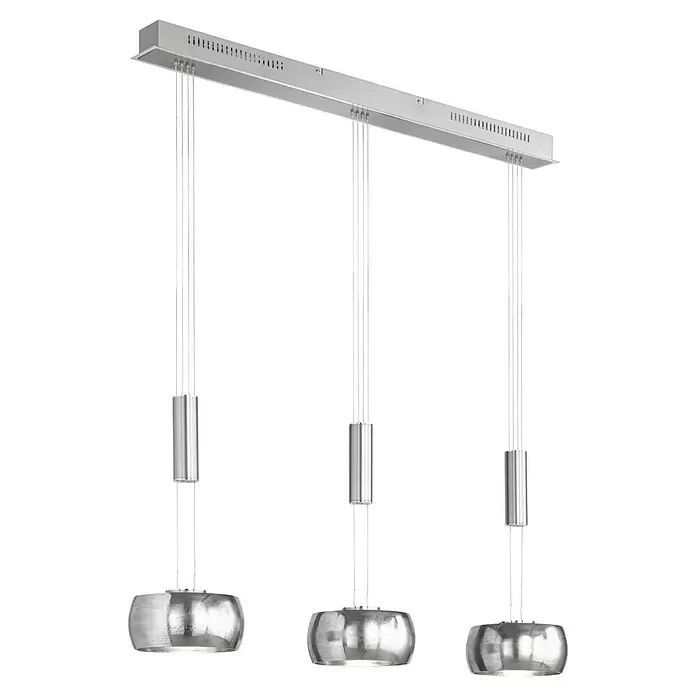 Fischer & Honsel LED-Pendelleuchte Colette - 3 Stk., 27 W, Nickel, Sandschwarz, Warmweiß - Moderne silberfarbene lineare Pendelleuchte mit drei beleuchteten, strukturierten Glasschirmen an einer Stange.
