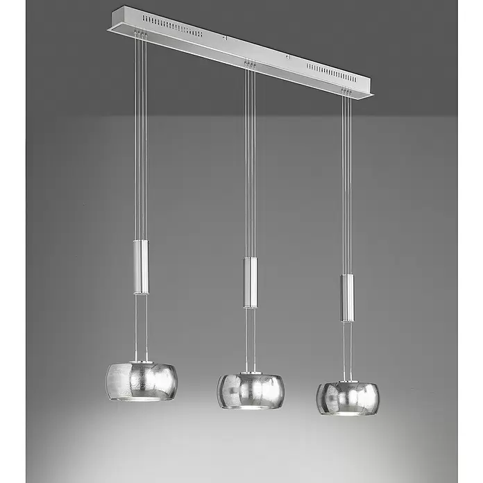Fischer & Honsel LED-Pendelleuchte Colette - 3 Stk., 27 W, Nickel, Sandschwarz, Warmweiß - Moderne dreiflammige Pendelleuchte mit strukturierten silberfarbenen Metallschirmen und gebürsteter Deckenleiste.