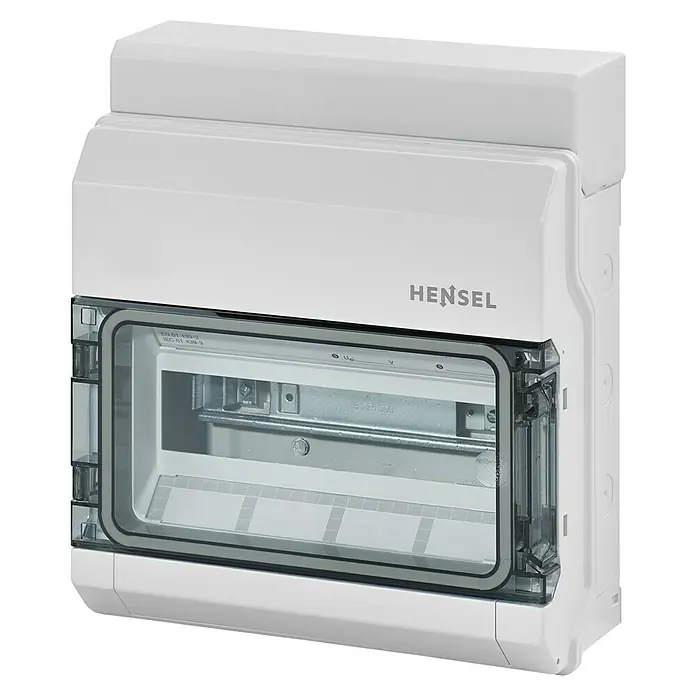 Hensel  Aufputz-Verteiler KV9112 - Anzahl Reihen: 1 Stk., 29,5 x 33,3 cm, Grau - Nahaufnahme einer Hensel Kleinverteiler-Aufputzversion, ein schützendes Gehäuse für elektrische Komponenten, das Sicherheit und Organisation bietet.
