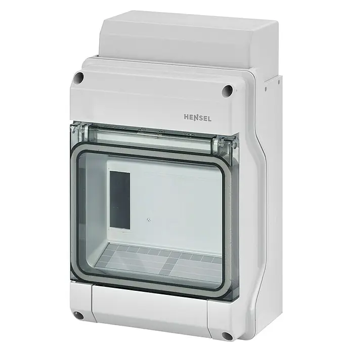 Hensel  Aufputz-Verteiler KV9106 - Anzahl Reihen: 1 Stk., 14,6 x 23,8 cm, Grau - Hensel Gehäuse mit transparenter Tür, ideal für elektrische Installationen. Robuste Bauweise für optimalen Schutz.