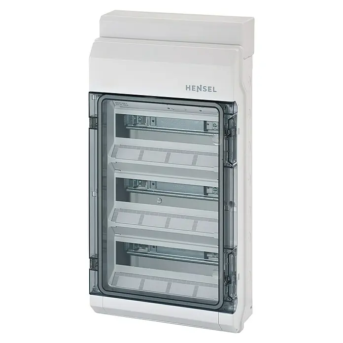 Hensel  Aufputz-Verteiler KV9336 - Anzahl Reihen: 3 Stk., 29,5 x 58,3 mm, Grau - Hensel Verteilerkasten mit transparenter Tür, ideal für Elektroinstallationen im Innenbereich. Kompaktes Design, einfache Montage.