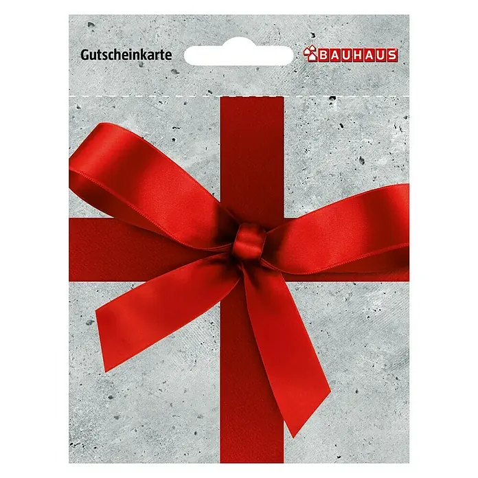 Gutscheinkarte - Per Postversand, Gutscheinwert: 10 Euro, Gürteltasche - Bauhaus Geschenkgutschein mit roter Schleife auf Betonoptik. Perfekt als Geschenk für Heimwerker und Bauinteressierte.