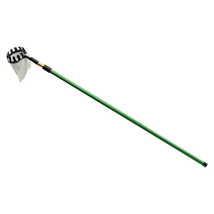 Freund Victoria Obstpflücker - 130 mm, Teleskopstiel - Eine grüne Obstpflücker mit einem weißen Netzbeutel am Ende. Ideal zum einfachen Ernten von Früchten von Bäumen ohne Leiter.