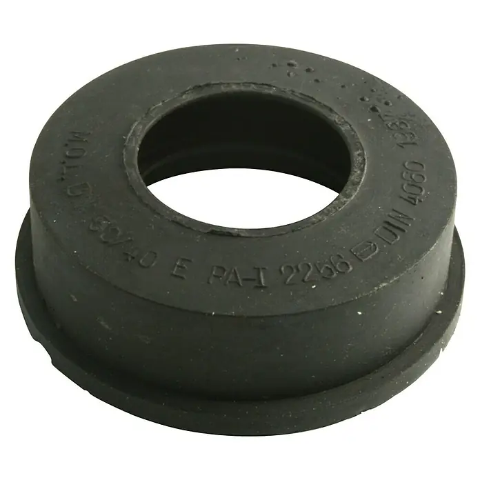 HTGM-Manschette - DN 50/40 - Schwarzer Gummi-Metall-Puffer mit Aufschrift, ideal zur Vibrationsdämpfung und Geräuschreduzierung in verschiedenen Anwendungen.