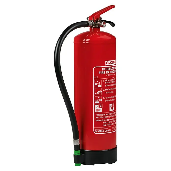 Gloria Feuerlöscher PROTEX SD 6 E - Nettovolumen: 6 l, Löschmittel: Schaum - Roter Gloria Feuerlöscher, Typ 6l Schaum/Foam, mit schwarzem Schlauch und Bedienungsanleitung für den sicheren Gebrauch.