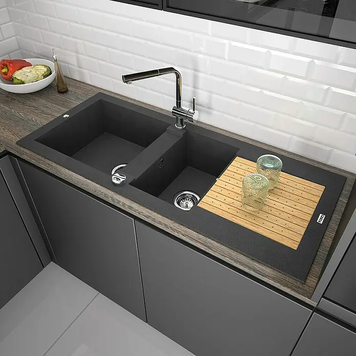 Carea Einbauspüle Eole - 118 x 50 cm, Schwarz - Küchenspüle mit Doppelbecken und Abtropffläche. Elegante Spüle für moderne Küchen mit viel Arbeitsfläche und praktischer Aufteilung.
