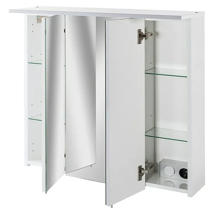 Schildmeyer LED-Spiegelschrank Sunny/Profil - B x H: 70 x 72,3 cm, Mit Beleuchtung, Holz, Weiß - Ein weißer Spiegelschrank mit drei Türen, teilweise geöffnet, mit Glasböden und Steckdose im Inneren.