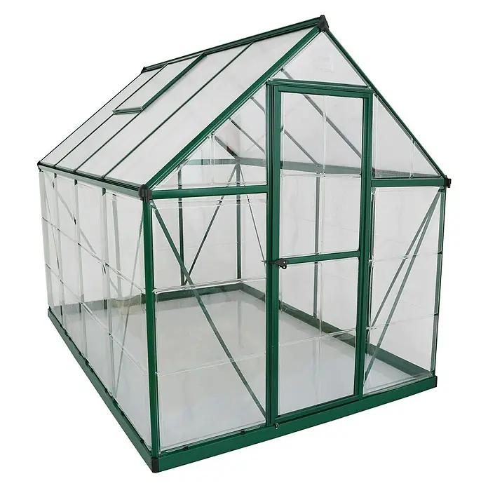 Palram – Canopia Gewächshaus Hybrid - Außenmaß inkl. Dachüberstand (B x T): 185 x 247 cm, 0,75 mm, Grün - Ein geräumiges Gewächshaus mit grünen Rahmen und klaren Wänden, ideal für den Gartenbau und Pflanzenanbau.