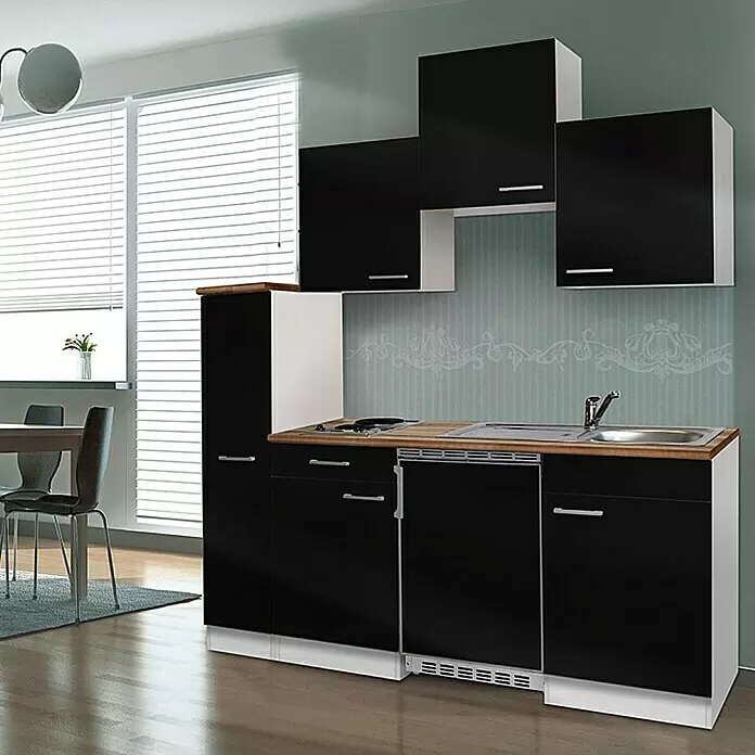 Respekta Cocina compacta Luis - Ancho: 180 cm, Negro, Color del cuerpo: Blanco, Placa de cocina doble y frigorífico - Cocina compacta blanca y negra con encimera de madera, fregadero y vitrocerámica, en cocina moderna con comedor.