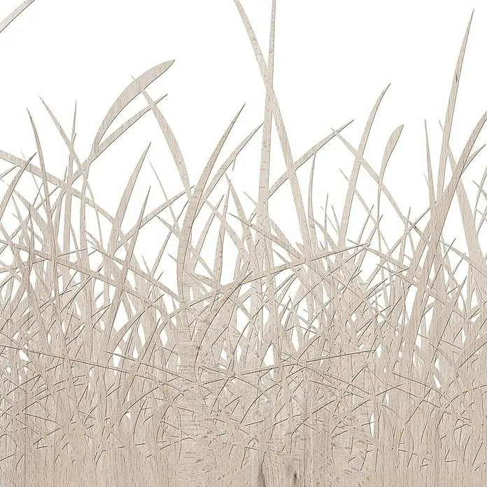 Resopal Küchenrückwand Fixmaß - Beech Grasses, 305 x 62 cm, Stärke: 15,4 mm, Holz - Nahaufnahme von stilisierten Gräsern in Beige und Weiß, die eine ruhige und natürliche Ästhetik für dekorative Zwecke bieten.