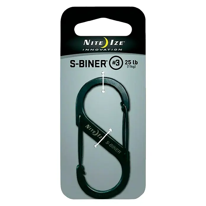 Nite Ize Doppelkarabiner - 67 x 29 mm, Edelstahl, Schwarz, Belastbarkeit: 11 kg - Nite Ize S-Biner #3 Karabiner zur Befestigung und Organisation von Gegenständen mit einer Tragkraft von bis zu 11 kg.