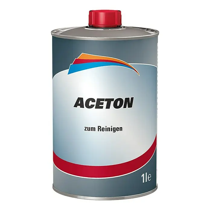 Aceton - 1 l - Eine Dose Aceton, ein Lösungsmittel, das zum Reinigen und Entfetten verwendet wird, mit rotem Deckel und dem Aufdruck "Aceton zum Reinigen".