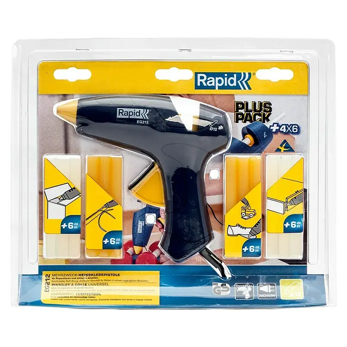 Rapid Heißklebepistolen-Set EG212 - 200 W, Temperaturbereich: 170 °C - 190 °C, Aufheizzeit: 3 min - 6 min - Rapid EG212 Heißklebepistole im Plus Pack mit 4x6 Klebesticks, ideal für Reparaturen und Bastelarbeiten. Komfortabler Griff für präzises Kleben.
