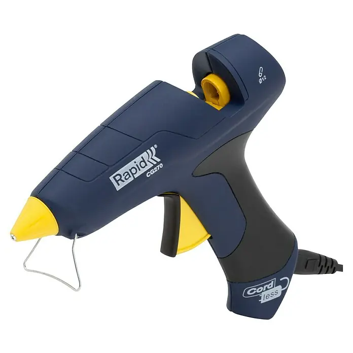 Rapid Heißklebepistole CG270 - Durchmesser Klebepatrone: 12 mm, 180 °C - 200 °C, 250 W - Abbildung einer Rapid CG270 Akku-Heißklebepistole in Blau und Gelb, ideal für Bastelarbeiten und Reparaturen.