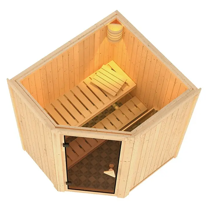 Karibu Elementsauna Taurin - Mit 9 kW Bio-Ofen mit externer Steuerung, Mit Dachkranz und Beleuchtung, L x B x H: 184 x 165 x 192 cm - Innenansicht einer Holzsauna mit Bänken und Glasfront für ein entspannendes Wellness-Erlebnis.