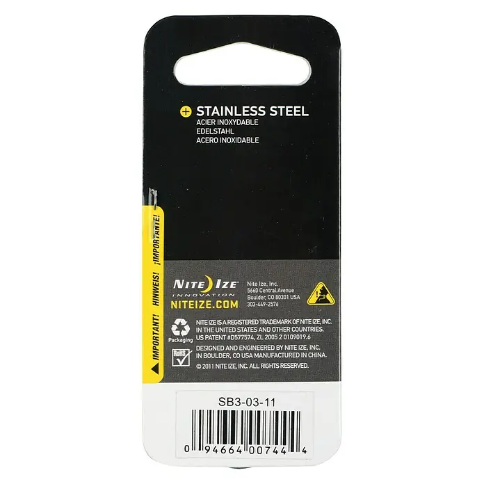 Nite Ize Doppelkarabiner - 67 x 29 mm, Edelstahl, Silber, Belastbarkeit: 11 kg - Nite Ize Edelstahl-Produktverpackung, die die Marke und das Material hervorhebt.