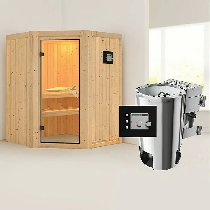 Karibu Elementsauna Nanja - Mit 3,6 kW Bio-Ofen mit externer Steuerung, Ohne Dachkranz, L x B x H: 151 x 151 x 192 cm - Innenraumansicht einer Sauna mit Holzverkleidung, Bänken und Steuerung, zusammen mit einem Saunaofen aus Edelstahl.