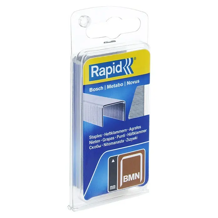 Rapid Feindrahtklammer Typ BMN - 6 mm, Rückenbreite: 11,2 mm, 1.080 Stk. - Bild eines Rapid Heftklammern-Sets, kompatibel mit Bosch, Metabo und Novus, ideal für Büro und Handwerk.