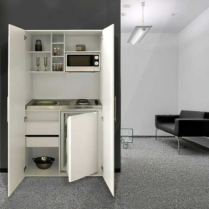 Respekta Cocina en armario Peter - Ancho: 104 cm, Blanco, Frigorífico, placa 2 fogones y microondas - Mini cocina compacta dentro de un armario, ideal para espacios pequeños. Equipada con fregadero, fogones, microondas y nevera para máxima comodidad.