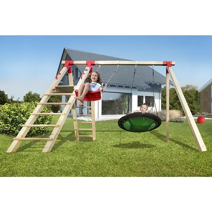 Weka Schaukel Tabaluga - B x L: 286 x 342 cm, Holz - Ein Spielplatz-Set mit Schaukeln und Klettergerüst, perfekt für Kinder zum Spielen und Spaßhaben im Freien.