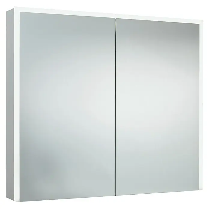 DSK LED-Spiegelschrank Aluminio Star - B x H: 80 x 70 cm, Silber - Das Bild zeigt einen weißen Spiegelschrank mit zwei Spiegeltüren. Der Schrank ist rechteckig und hat einen schlichten, modernen Stil.