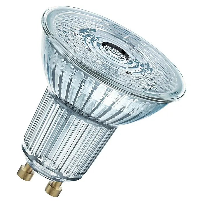 Osram LED-Lampe Reflektor Superstar - GU10, Dimmbar, Kaltweiß, 230 lm, 3,4 W - Nahaufnahme einer MR16-Halogenlampe mit klarem Glas, die ihre internen Komponenten und Stifte zur Stromversorgung zeigt.
