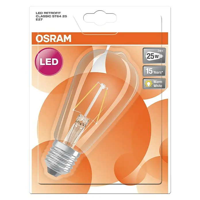 Osram LED-Lampe Vintage Glühlampenform E27 - E27, Nicht Dimmbar, Warmweiß, 250 lm, 2 W - Nahaufnahme einer LED-Retrofit-Glühbirne der Marke Osram, Modell Classic ST64 25 E27, verpackt in Orange.