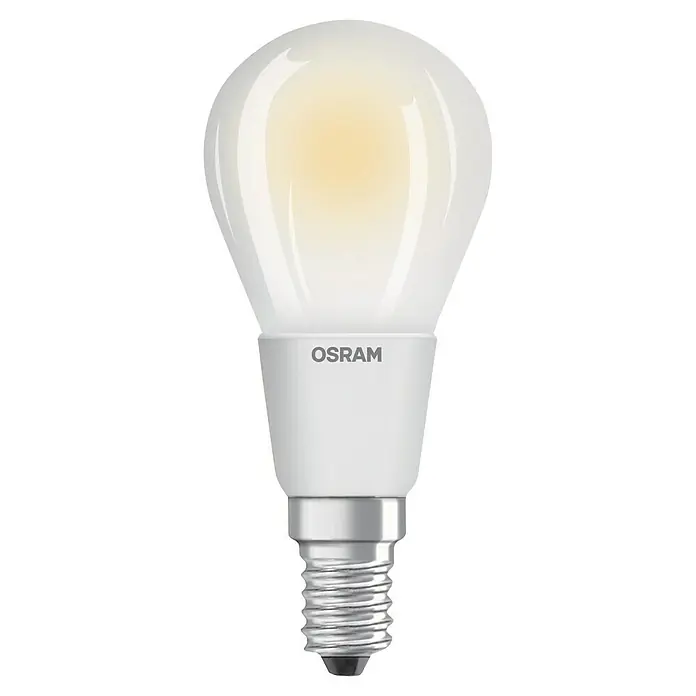 Osram LED-Lampe Tropfenform E14 matt - E14, Dimmbar, Warmweiß, 470 lm, 5 W - Nahaufnahme einer Osram LED-Lampe mit E14-Sockel, die ein warmes, einladendes Licht ausstrahlt. Ideal für stimmungsvolle Beleuchtung.