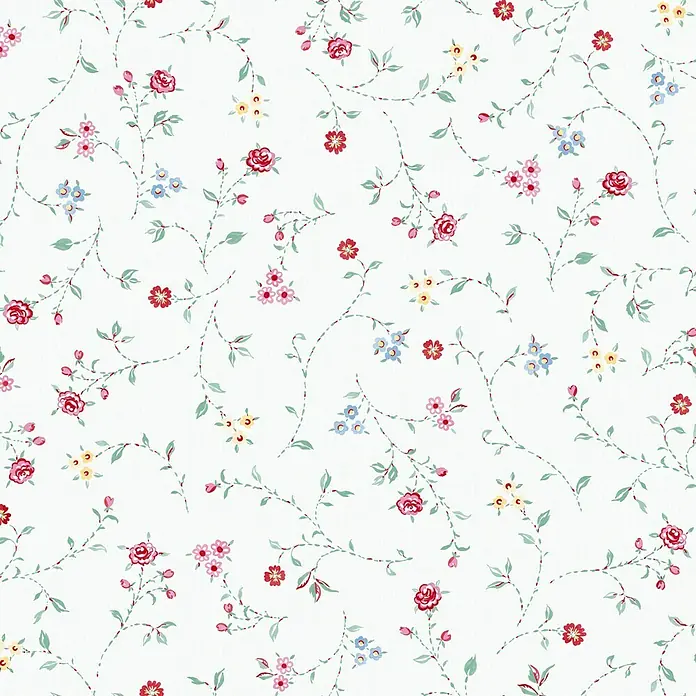 D-c-fix Manhattan Tischdecke Meterware Bella - Breite: 140 cm, Creme - Blümchenmuster mit zarten Rosen, Blättern und verschnörkelten Ranken auf hellem Grund für feminine Designs.
