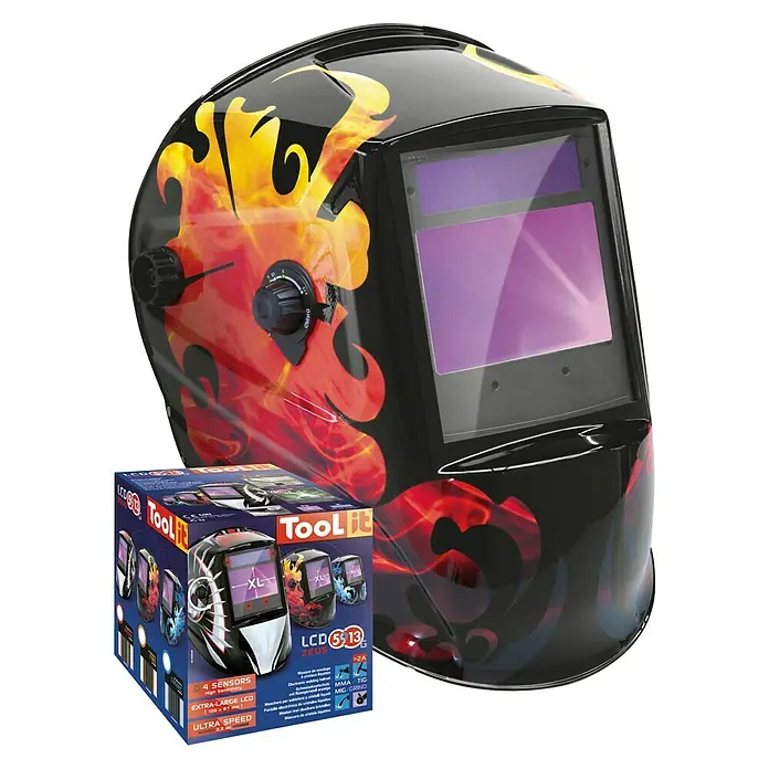 Gys Casco de soldadura Zeus Fire - Nivel de protección: 9 ud. - 13 ud. - La imagen muestra una máscara de soldadura Toolift con un patrón de llama y pantalla LCD XL, ideal para soldadura MMA, TIG y MIG.
