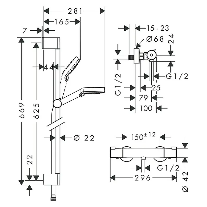 Hansgrohe Crometta Brause-Set Vario/Ecostat 1001 SL - Lochabstand: 62,5 cm, Chrom - Technische Zeichnung einer Duscharmatur mit Maßangaben. Ideal für Badplanung und Installation, mit präzisen Details.